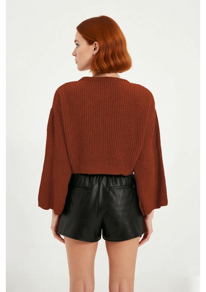 Kadın Gri %100 Akrilik Oversize Selanik Dokuma Bisiklet Yaka Ispanyol Kol Crop Triko Kazak fiyatları