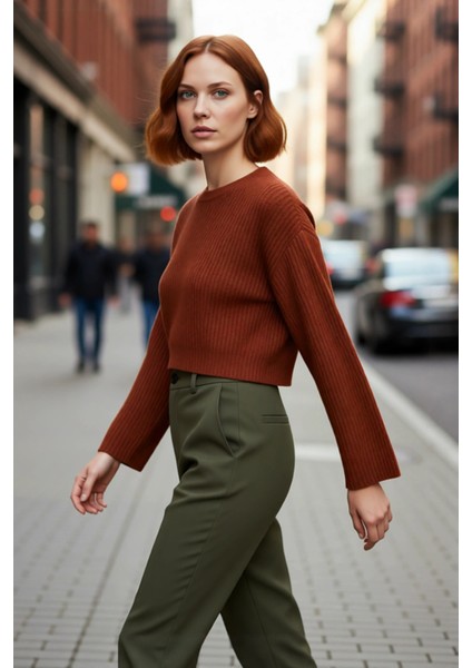 Kadın Gri %100 Akrilik Oversize Selanik Dokuma Bisiklet Yaka Ispanyol Kol Crop Triko Kazak modelleri