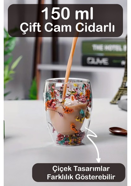 Çift Camlı Cidarlı Bardak 150ML Çiçek Dekorlu Isıya Dayanıklı Bardak