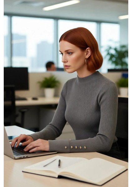 Kadın Modern Fitted Kalıp Dik Yaka Uzun Kollu Fitilli Triko Kazak Şık ve Rahat Kombinler Kaliteli