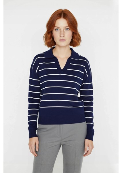 Kadın Lacivert Çizgili Polo Yaka Triko Kazak Akrilik Düşük Kol Rahat Basic Günlük Giyim Kaliteli