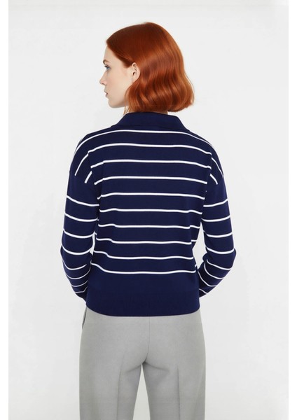 Kadın Lacivert Çizgili Polo Yaka Triko Kazak Akrilik Düşük Kol Rahat Basic Günlük Giyim Kaliteli fiyatları