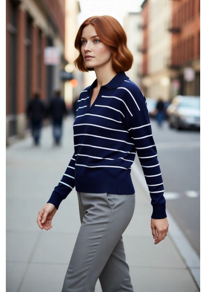 Kadın Lacivert Çizgili Polo Yaka Triko Kazak Akrilik Düşük Kol Rahat Basic Günlük Giyim Kaliteli modelleri