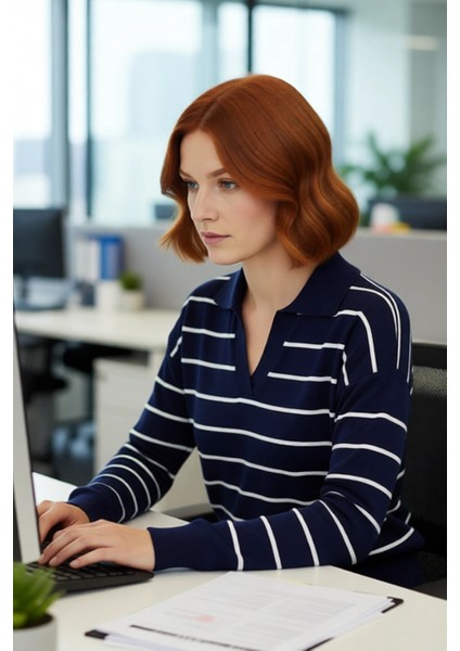 Kadın Lacivert Çizgili Polo Yaka Triko Kazak Akrilik Düşük Kol Rahat Basic Günlük Giyim Kaliteli fırsatları