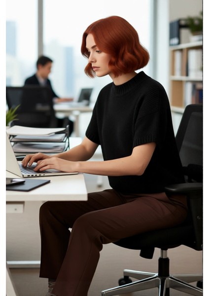 Kadın Oversize Kesim Dik Yaka Kalın Dokulu Triko Kazak Kısa Kollu Rahat Ilkbahar Sonbahar Giysisi