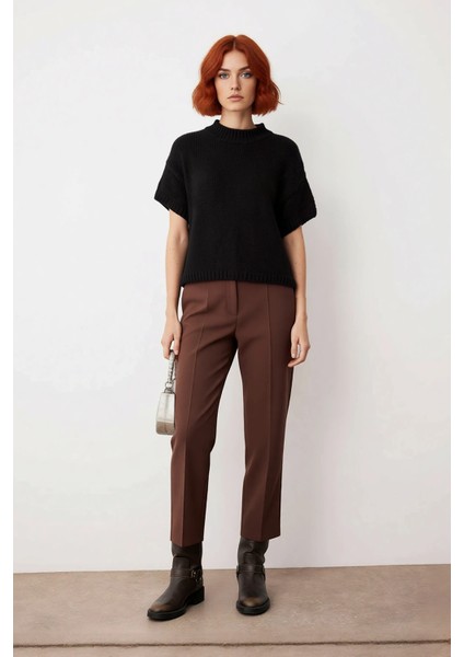 Kadın Oversize Kesim Dik Yaka Kalın Dokulu Triko Kazak Kısa Kollu Rahat Ilkbahar Sonbahar Giysisi fiyatları