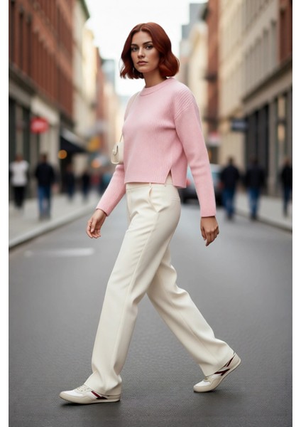 Kadın Basic Selanik Dokuma Çizgili Dik Yaka Crop Triko Kazak Günlük Konforlu Şıklık Kaliteli fırsatları