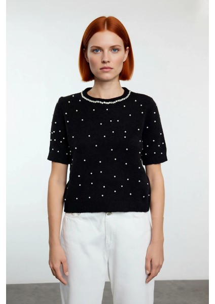 Kadın Modern Kısa Kol Nakış Detaylı Bisiklet Yaka Crop Triko Kazak Cool Comfort Stilinizi Tamamlayın fiyatları