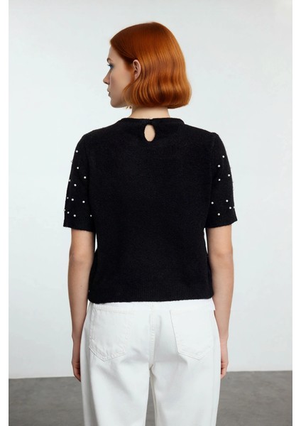 Kadın Modern Kısa Kol Nakış Detaylı Bisiklet Yaka Crop Triko Kazak Cool Comfort Stilinizi Tamamlayın modelleri