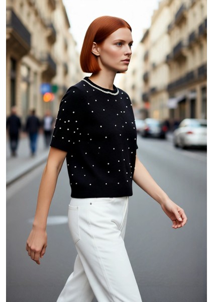 Kadın Modern Kısa Kol Nakış Detaylı Bisiklet Yaka Crop Triko Kazak Cool Comfort Stilinizi Tamamlayın fırsatları