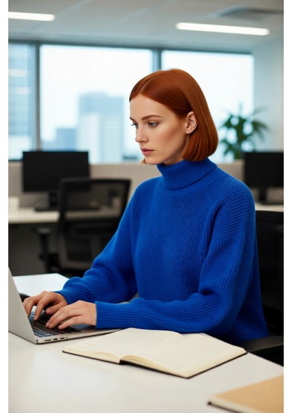 Kadın Basic Oversize Canlı Mavi Akrilik Balıkçı Yaka Uzun Kollu Triko Kazak Kışlık Kombinlerin fırsatları