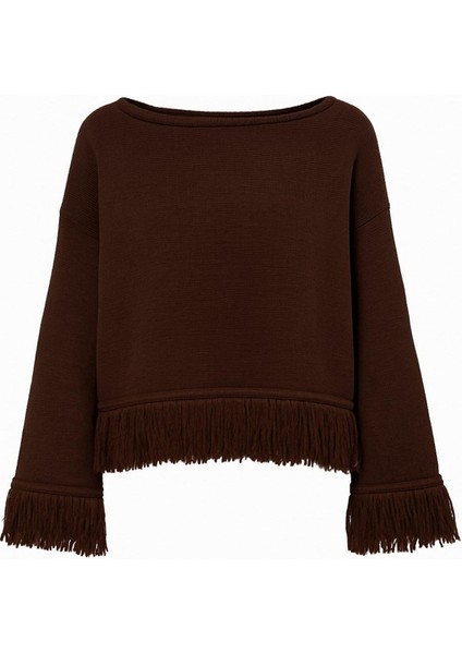 6981 Kadın Püskül Detaylı Kayık Yaka Triko Kazak Kahve