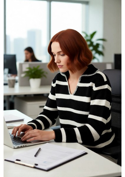 Kadın Basic Oversize Çizgili Akrilik Triko Kazak Polo Yaka Uzun Kol Konforlu Kış Kombinleri