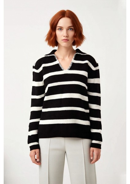 Kadın Basic Oversize Çizgili Akrilik Triko Kazak Polo Yaka Uzun Kol Konforlu Kış Kombinleri fiyatları