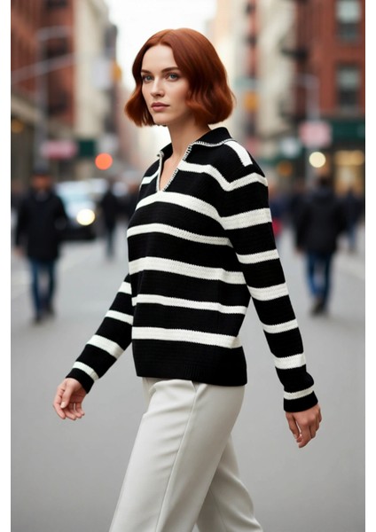 Kadın Basic Oversize Çizgili Akrilik Triko Kazak Polo Yaka Uzun Kol Konforlu Kış Kombinleri fırsatları