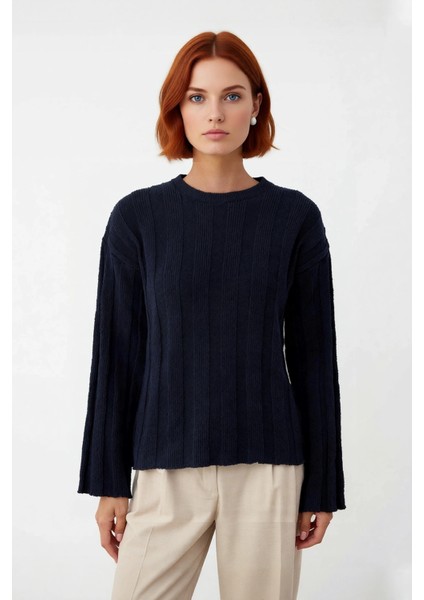 Kadın Pamuklu Triko Kazak Fitilli Regular Kalıp Bisiklet Yaka Rahat Günlük Şıklık Uzun Kollu fiyatları