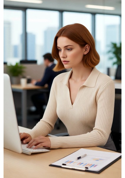 Kadın Düz Fitilli Triko Kazak Polo Yaka Detaylı Fitted Kalıbıyla Kışlık Şıklığın Tamamlayıcısı