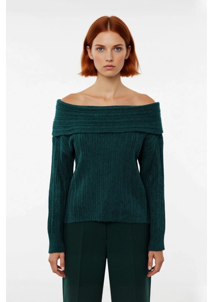 Kadın Uzun Kollu Fitilli Triko Kazak Carmen Yaka Regular Kalıp Şık Gündüz Gece Kombinleri Kaliteli fiyatları