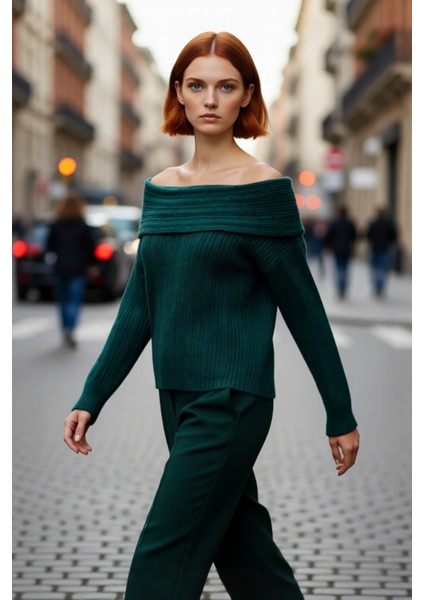 Kadın Uzun Kollu Fitilli Triko Kazak Carmen Yaka Regular Kalıp Şık Gündüz Gece Kombinleri Kaliteli fırsatları