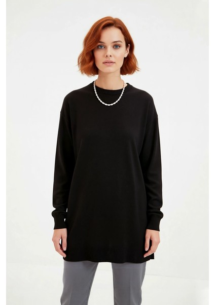 Kadın Relaxed Kalıp Bisiklet Yaka Triko Tunik Düşük Kol Düz Desenli Akrilik Materyal Yırtmaç Detaylı fiyatları