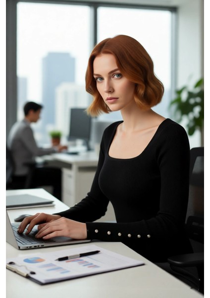 Kadın Uzun Kol Siyah Triko Kazak Fitted Kare Yaka Düğmeli Fitilli Model Ilkbahar Sonbahar Kaliteli