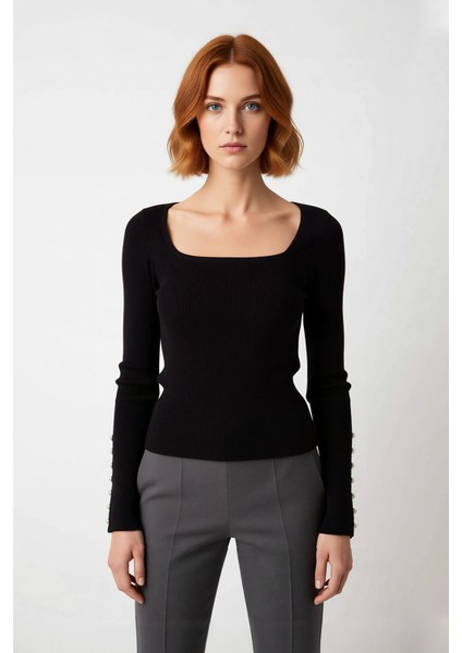 Kadın Uzun Kol Siyah Triko Kazak Fitted Kare Yaka Düğmeli Fitilli Model Ilkbahar Sonbahar Kaliteli fiyatları