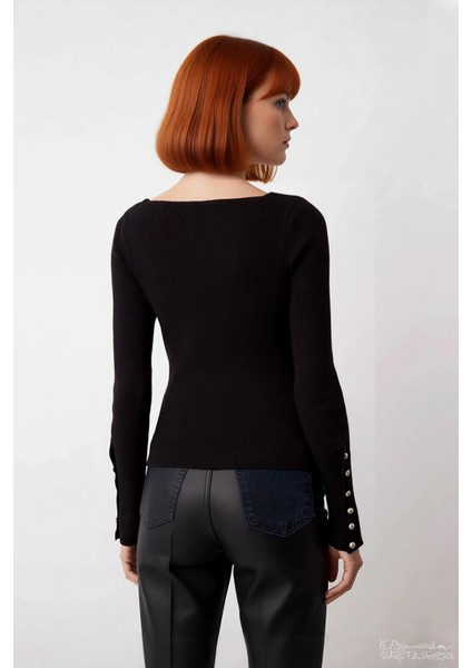 Kadın Uzun Kol Siyah Triko Kazak Fitted Kare Yaka Düğmeli Fitilli Model Ilkbahar Sonbahar Kaliteli modelleri