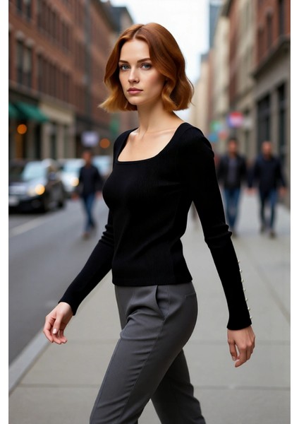 Kadın Uzun Kol Siyah Triko Kazak Fitted Kare Yaka Düğmeli Fitilli Model Ilkbahar Sonbahar Kaliteli fırsatları