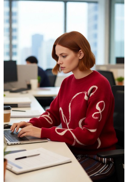 Kadınlar Için Kış Sezonu Günlük Kullanım Yılbaşı Temalı Desenli Konforlu Triko Kazak Kaliteli