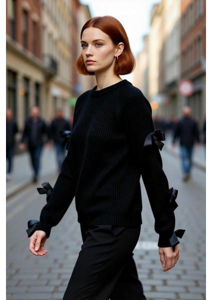 Kadın Kalın Akrilik Triko Kazak Omuz Dekolteli Fiyonk Detayı Ile Kış Günü Şık ve Konforlu. fırsatları