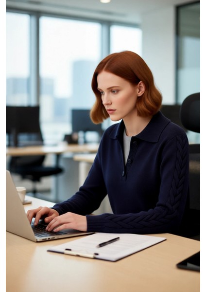 Kadın Modern ve Rahat Polo Yaka Saç Örgü Detaylı Regular Triko Kışlık Standart Kol Kazak Kaliteli