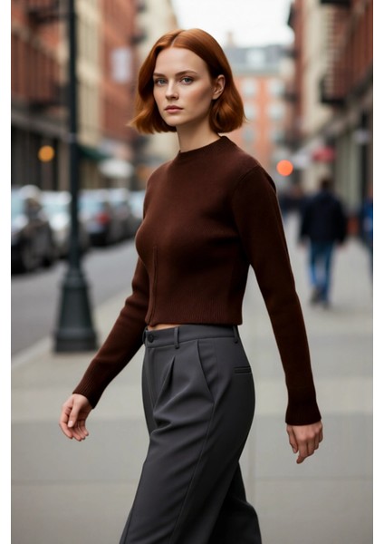 Kadın Rahat Kesim Düşük Kollu Bisiklet Yaka Fermuarlı Crop Boy Triko Kalın Kazak Kaliteli Şık fırsatları