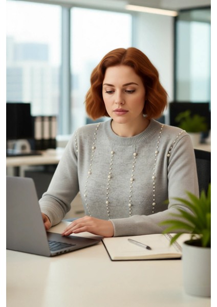 Kadın Inci Detaylı Regular Kalıp Bisiklet Yaka Triko Kazak Günlük Kombinleriniz Için Ideal Tercih