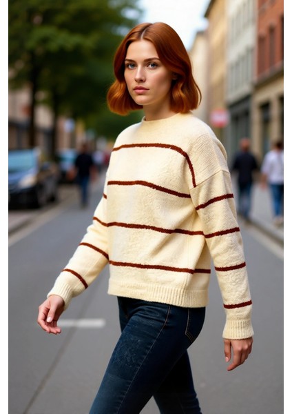 Kadın Geniş Kalıp Çizgili Kışlık Triko Kazak Rahat Bisiklet Yaka Düşük Kollu Konforlu Tasarım modelleri