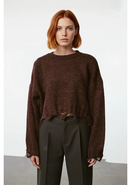 Kadın Casual Crop Oversize Bisiklet Yaka Triko Kazak Düşük Kol Akıtma Detaylı Konforlu Şık