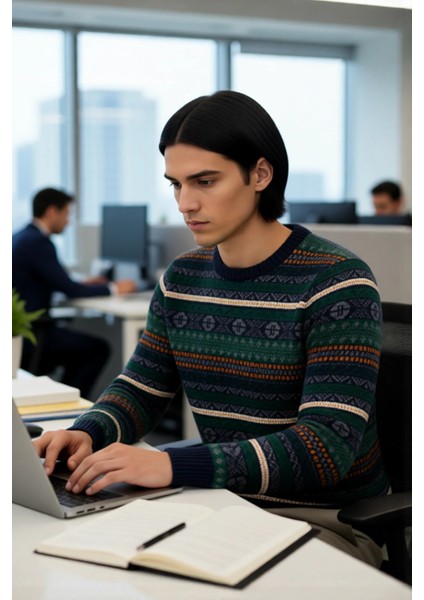 Erkek Standart Kol Bisiklet Yaka Etnik Desenli Fitted Kesim Kalın Triko Kazak Gündelik Kombinlere