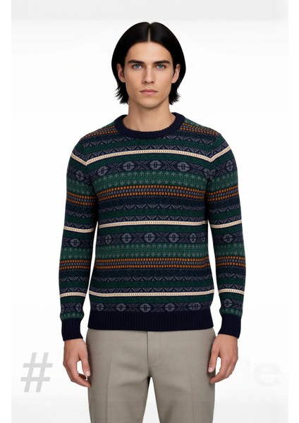 Erkek Standart Kol Bisiklet Yaka Etnik Desenli Fitted Kesim Kalın Triko Kazak Gündelik Kombinlere fiyatları
