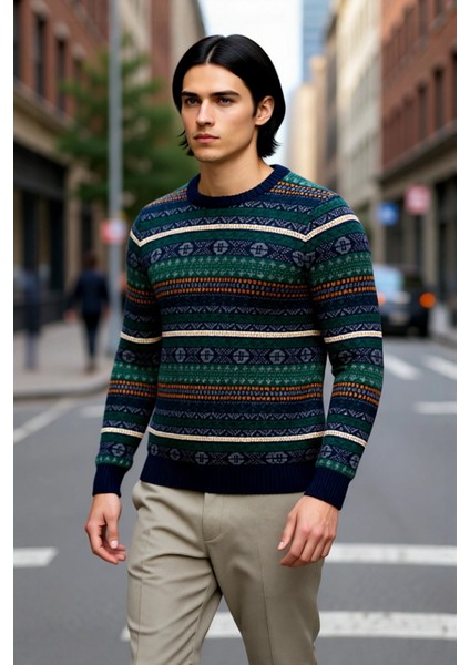 Erkek Standart Kol Bisiklet Yaka Etnik Desenli Fitted Kesim Kalın Triko Kazak Gündelik Kombinlere fırsatları
