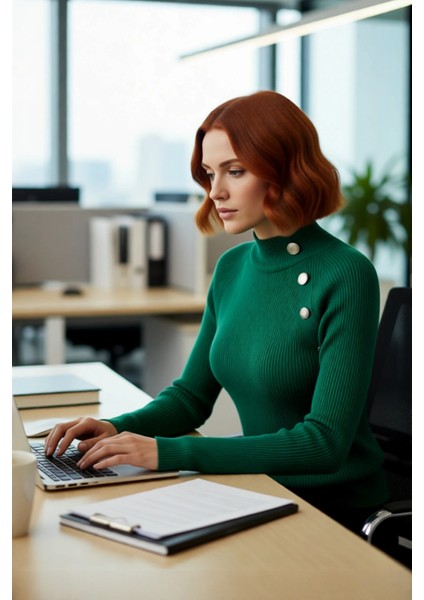 Kadın Şık Akrilik Fitted Kesim Dik Yaka Düz Desen Uzun Kol Triko Kazak Ofis ve Günlük Kullanım fırsatları