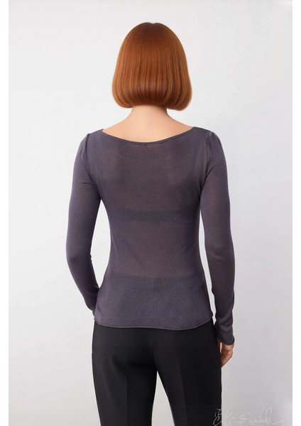 Kadın Şık Günlük Bisiklet Yaka Ince Dokulu Rahat Kesim Viskoz Uzun Kollu Triko Bluz Modeli modelleri