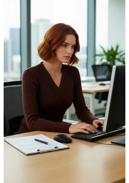 Kadın Fitted Akrilik Kumaş Kruvaze Yaka Uzun Kollu Triko Kazak Günlük Şık ve Rahat Kullanım Için