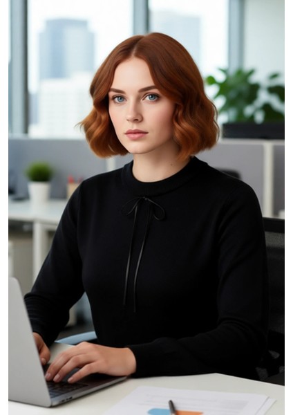 Kadın Bisiklet Yaka Siyah Dantel ve Kurdele Fiyonk Detaylı Regular Akrilik Triko Kazak Sonbahar Kış