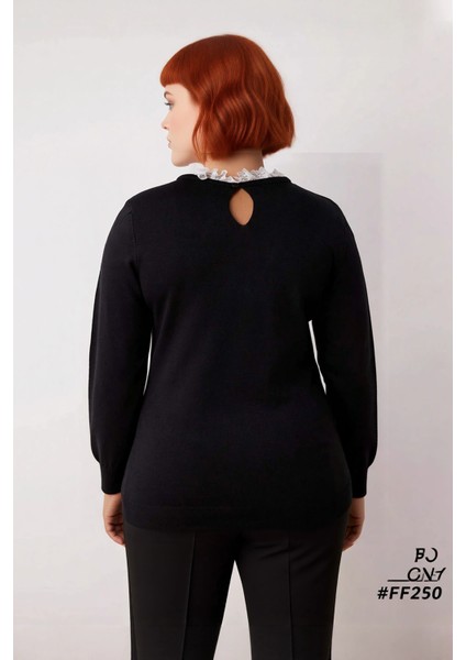 Kadın Bisiklet Yaka Siyah Dantel ve Kurdele Fiyonk Detaylı Regular Akrilik Triko Kazak Sonbahar Kış modelleri