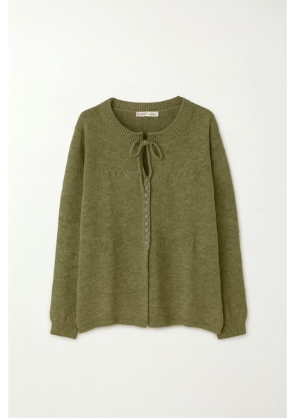 6952 Kadın Bağlamalı Düğme Detaylı Triko Kazak Haki