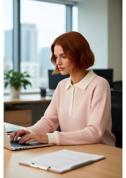 Kadın Tesettür Pembe Regular Kalıp Ribana Kaşkorse Polo Yaka Düşük Kol Triko Kazak Kaliteli