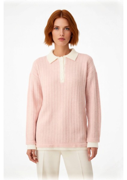 Kadın Tesettür Pembe Regular Kalıp Ribana Kaşkorse Polo Yaka Düşük Kol Triko Kazak Kaliteli fiyatları