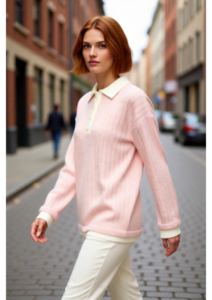 Kadın Tesettür Pembe Regular Kalıp Ribana Kaşkorse Polo Yaka Düşük Kol Triko Kazak Kaliteli fırsatları