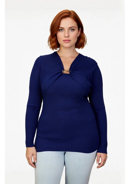 Kadın Şık Fitted Fitilli Triko Kazak Aksesuar Detaylı V Yaka Tasarımı Ile Modern Görünüm Kaliteli fiyatları