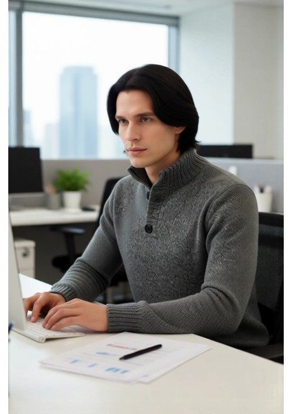 Erkek Gri Kalın Triko Düğmeli Dik Yaka Kazak Casual Ortamlar Için Konforlu ve Şık Tasarım Kaliteli