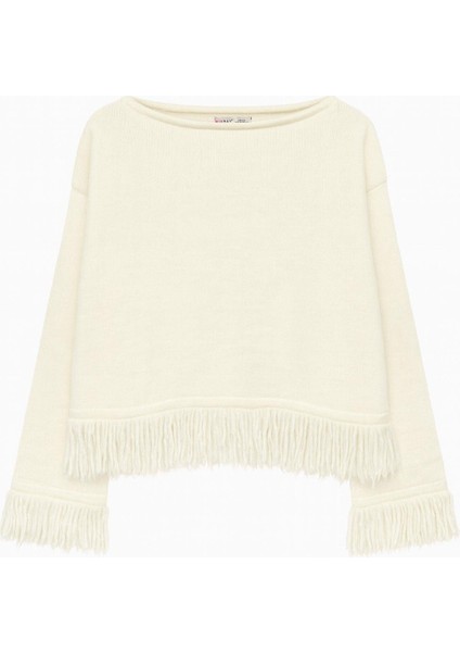 6981 Kadın Püskül Detaylı Kayık Yaka Triko Kazak Naturel